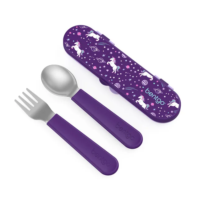 bentgo-kids-stainless-steel-utensil-set-fork-spoon-with-travel-case-soft-silicon image 1