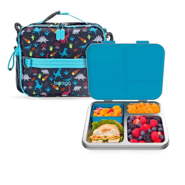 bentgo-kids-insulated-lunch-bag-and-stainless-steel-lunch-box-set-dinosaur-water image 1